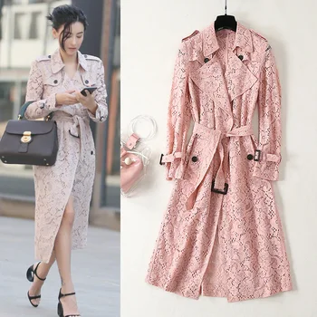 

Autumn Fashion Women Windbreaker 2019 Summer Sunscreen Ladies Coat Long Turndown Collar Coat Thin Lace Hollow Trench Coat