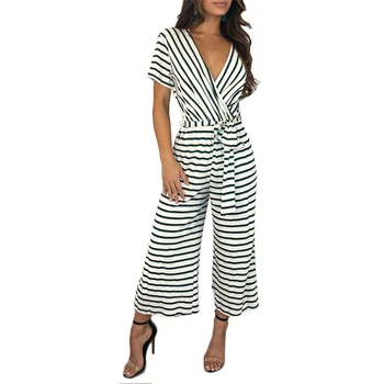 

Striped Wide Leg Summer Jumpsuits Women Short Sleeve V Neck Casual Rompers Wide Leg Long Pants Belted