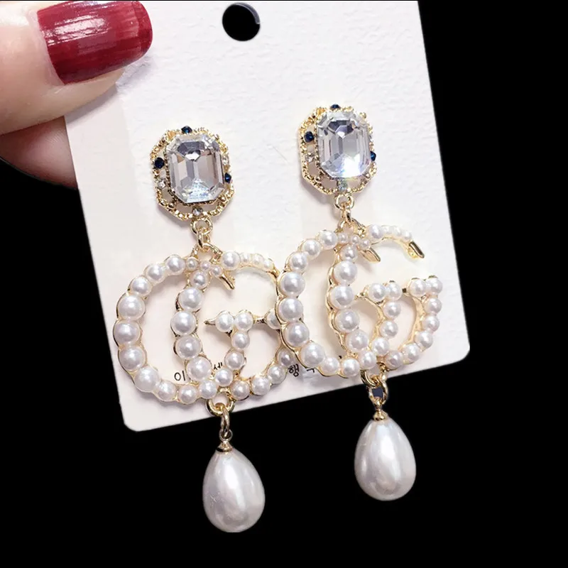 

Newest Fashion Crystal Vintage Pearl Big CC Double C Flower Drop Earrings G CD For Women Girl Punk