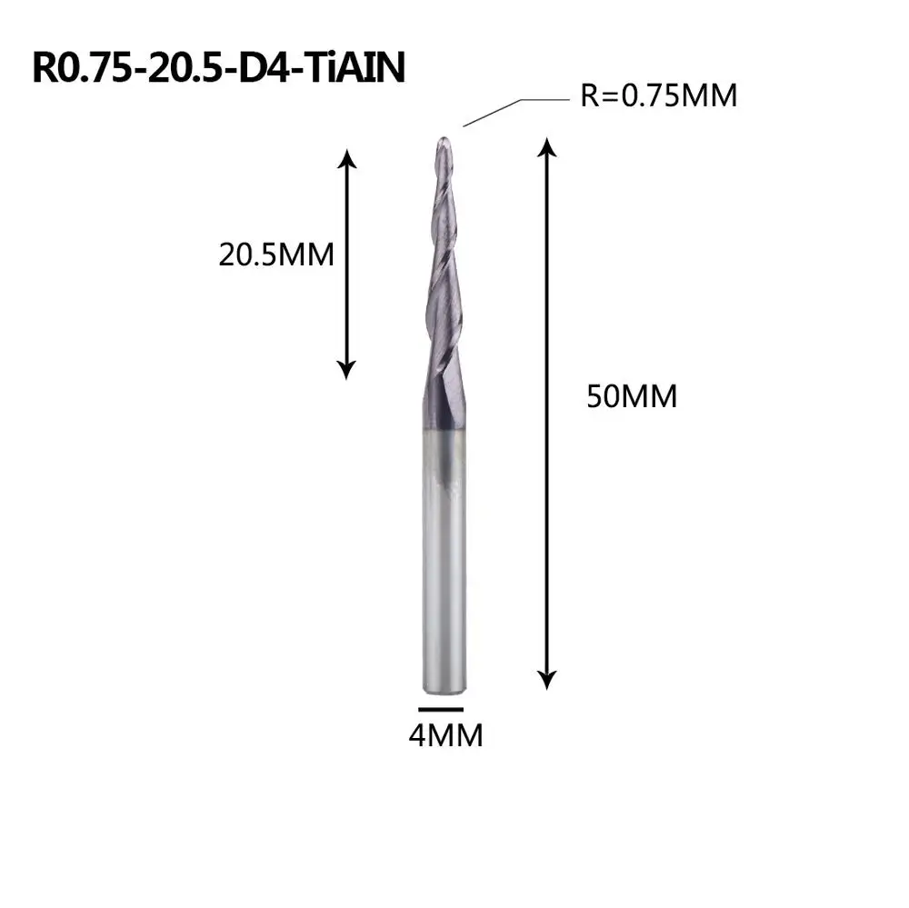 Карбид вольфрама 4 мм 6 мм 8 мм конические концевые фрезы с шариковым носом Фрезы с ЧПУ конусные фрезы для дерева и металла - Длина режущей кромки: R0.75-20.5-50-D4
