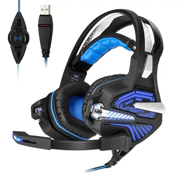 

USB Gaming Headset - with 7.1 Surround Stereo Sound Microphone Vibration Effect Noise Isolation LED Light for PC Gamers PS4 Xbox