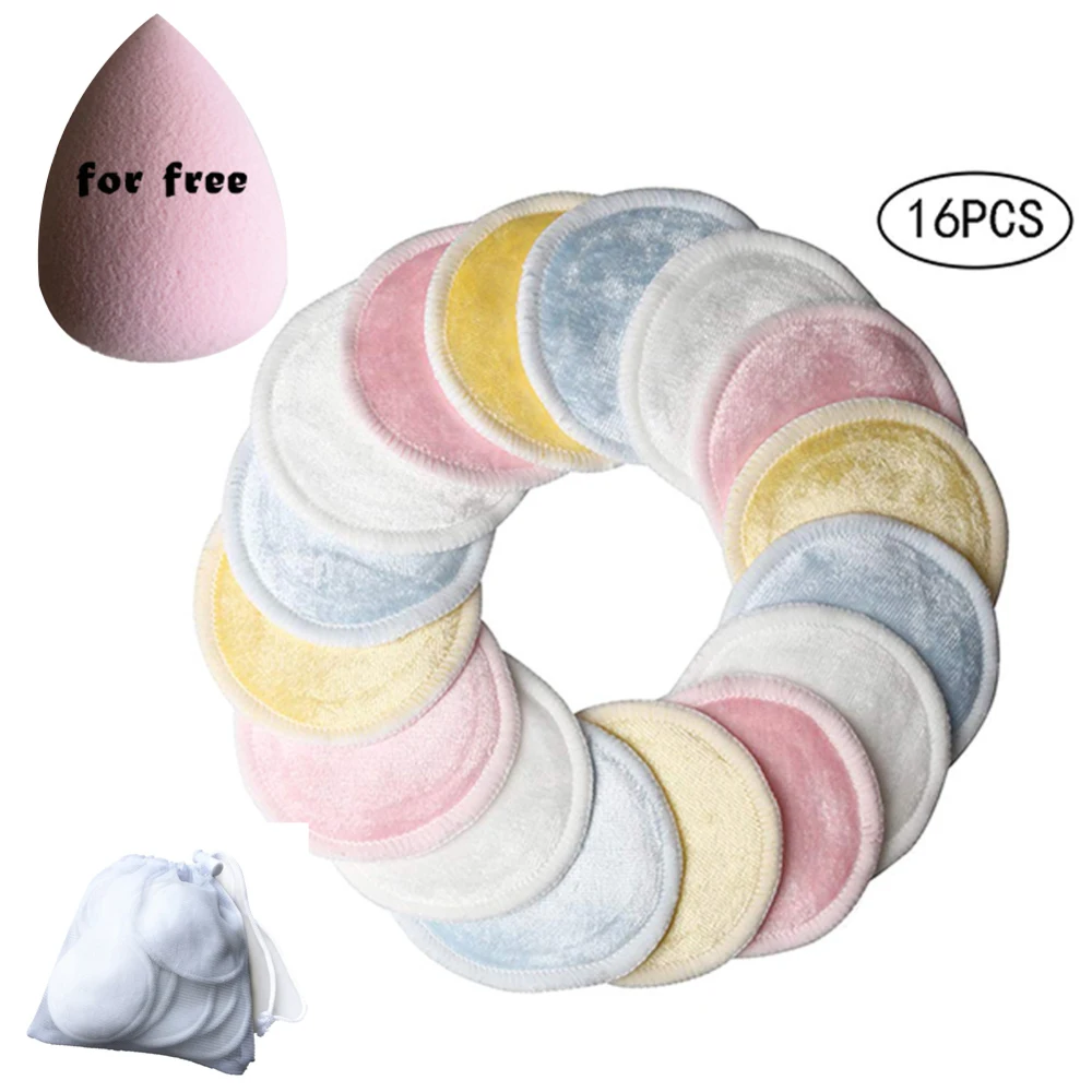 

18pcs Reusable 3 Layers Makeup Remover Pads Washable Facial Cleansing Pad 1 pcs Powder Puff with Laundry Bag