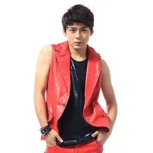 New arrived 2015 male fashion black/red leather rivet vest coat stage wear show for men’s singer slim casual costumes jacket