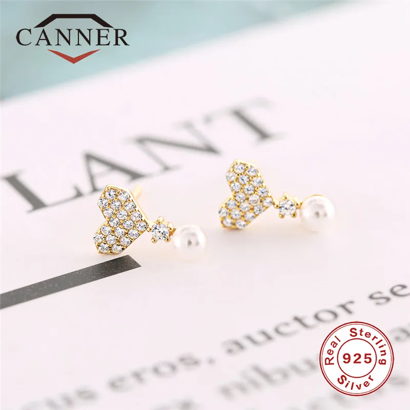 CANNER S925 Sterling Silver Lovely Heart Imitation Pearls Stud Earring Fashion Zircon Women Earring TH