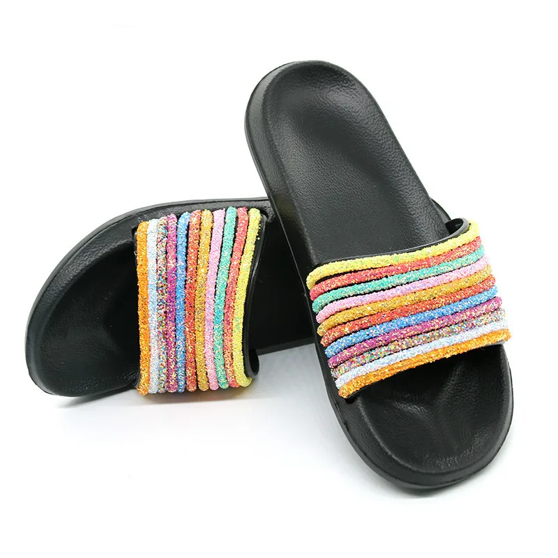 Mules Women Rainbow Slippers Mixed Color Flip Fops Designer Flat Slides Non Slip Home Slippers Lady Crystal Slip On Shoes Beach