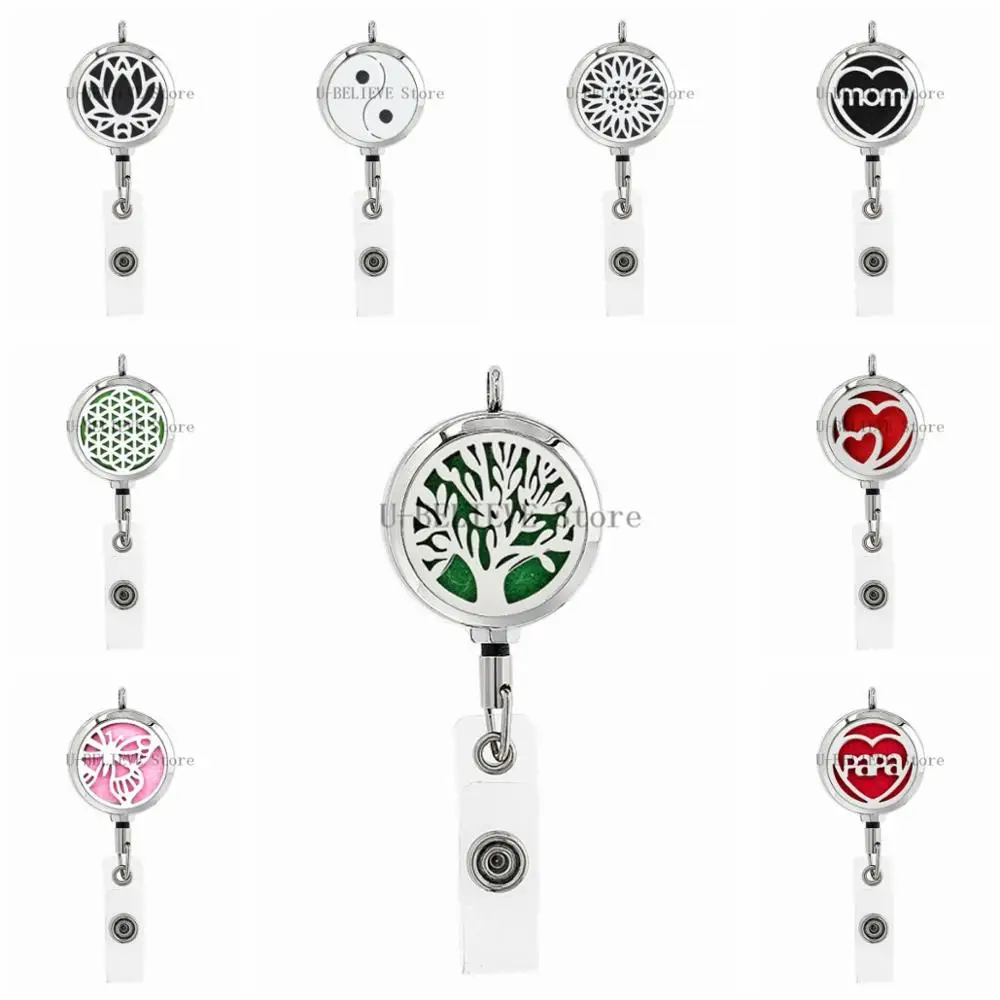 

tree of life lotus Student Card Nurse 30mm Staiinless Steel ID Badge Holder Retractable Pendant Aromatherapy Diffuser Necklace