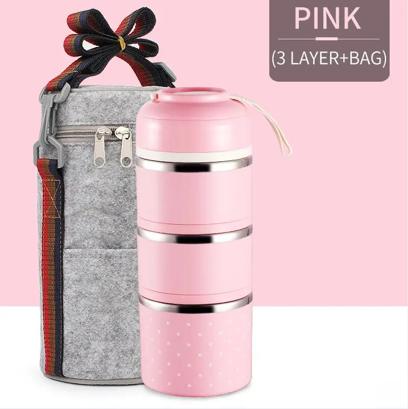 WORTHBUY милый японский термальный Ланч-бокс герметичный из нержавеющей стали Bento box детский портативный контейнер для еды для пикника и школы - Цвет: Pink 3 With Bag