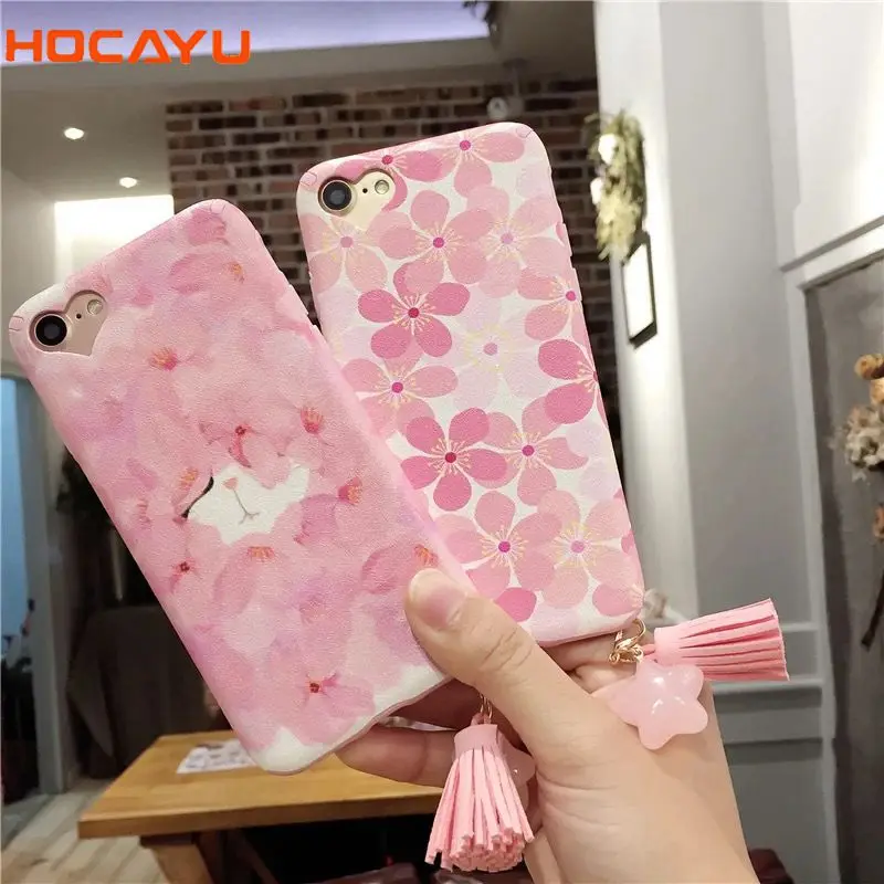 HOCAYU Pink Blossom Back Cover Case for Iphone 6 6s 6plus 7 7plus 8 8plus with Star Tassel Flower Painting Cheap Capa Celular |