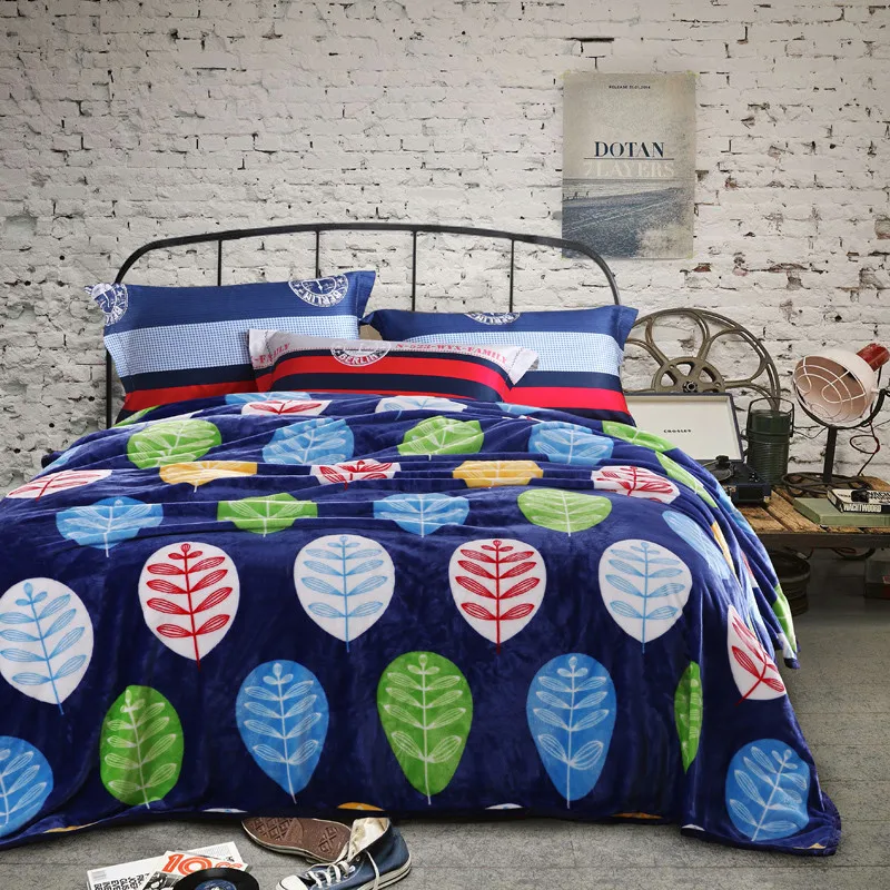 Leaves Pattern on Royal Blue Fluffy Plush Velvet Blanket for Bed Sofa or Travel Home Textile Single Twin Full Queen King Size