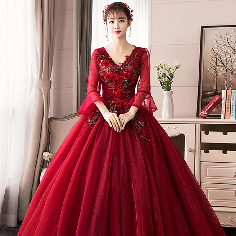 Бордовое бальное платье 2020 платья с аппликацией для Quinceanera длинным рукавом 15