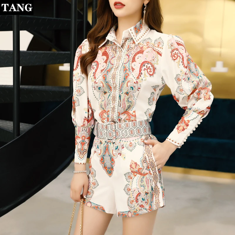

Runway Summer 2019 Designer Two Piece Set Women Bohemian Beach Single Breasted Print Tops Slim Waist Short Blouses + Shorts Suit