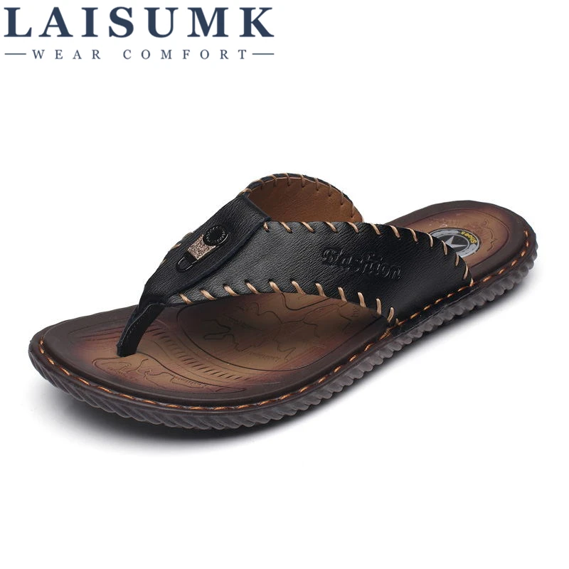 

LAISUMK Cow Leather Men Beach Slippers Fashion Flip Flops With Soft Sole Trendy Breathable Easy To Match Men Summer Shoes