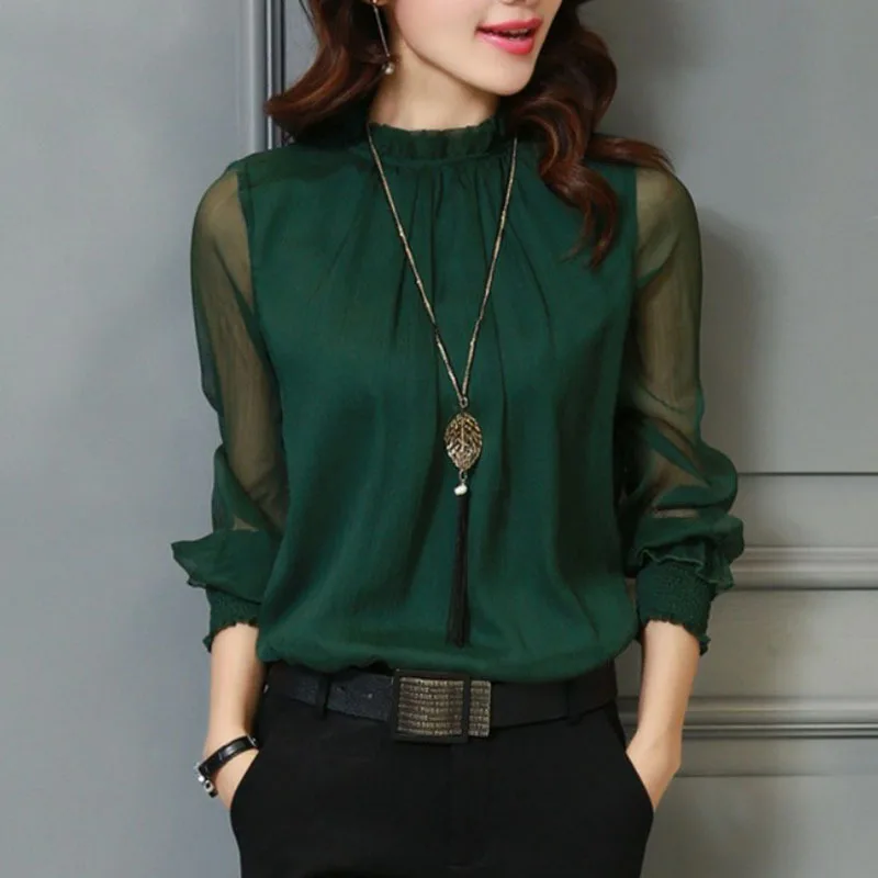 

3XL Female Spring Summer Lace Chiffon Shirt Plus Size Blouse Fashion Stand Neck Shirts Transparent Long Sleeve Blouses Top Green