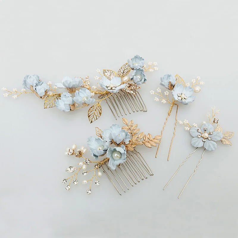 4 Pcs Wedding Hair Comb Hair Pin Blue Flower Gold Leaf Hair Clip