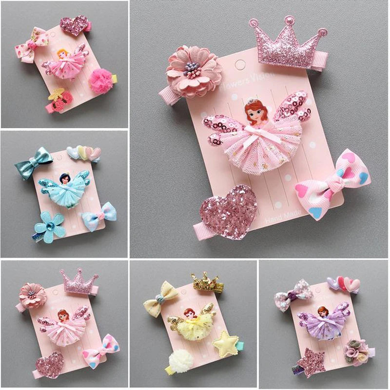 LOEEL 5Pcs/Lot New Children Headwear Set Cartoon Frozen Princess Barrette Cotton Crown Flower Bowknot Hairpin Girls Headdress