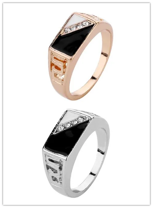 

Men Gold Silver Plated Black Enamel Rhinestone Rings Vintage Punk Classic Hollow Geometric Black Drip Imitation Stones Male Jewe
