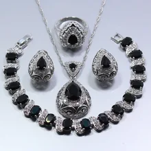 Западный стиль черный циркон капли воды для женщин 4 шт. комплект ювелирных изделий 925 пробы Серебряные серьги кольцо ожерелье кулон браслет