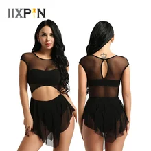 Vestido de ballet para mujer, de cuello redondo leotardo sin mangas, malla asimétrica frontal, ropa de baile, gimnasia y Ballet