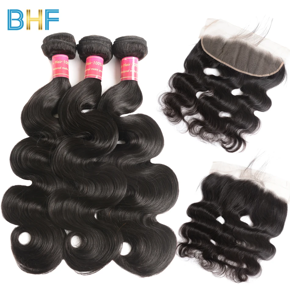BHF Indian Body Wave Human Hair Bundles With Lace Frontal Closure Virgin Weave 3 Ear To | Шиньоны и парики