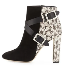 Новинка; Зимние ботильоны из змеиной кожи на грубом каблуке; Модные ботильоны на ремешке с двойной пряжкой; модельные туфли на высоком каблуке в стиле пэчворк; женская обувь;