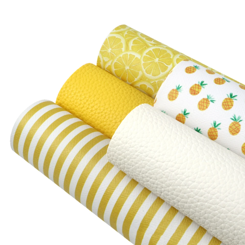 5 Pcs Lemon Pineapple Stripe Printed Solid Color Litchi Synthetic Leather Assorted Set For Making Handmade Projects,1Yc7325