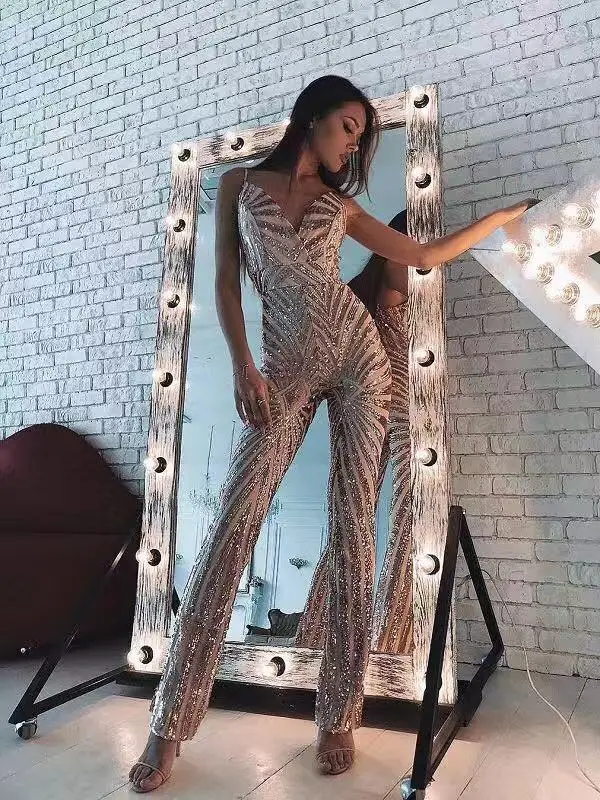 

2019 New Winter Bandage Sets Women Vestido Beige Deep V Neck Straight Celebrity Evening Party Jumpsuit