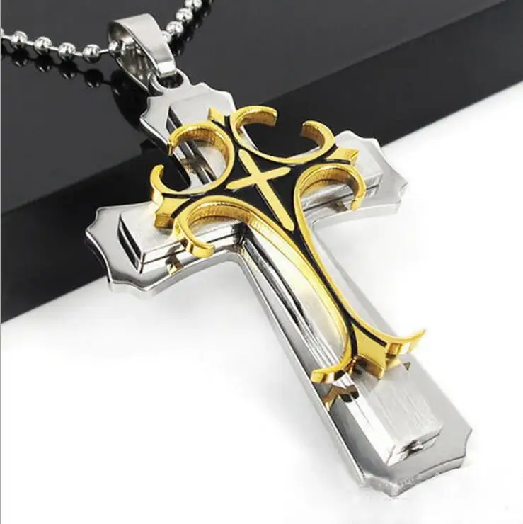 Two Tone Gold Color Cross Mens' Pendant & Necklace Trendy Stainless Steel Titanium Necklaces For