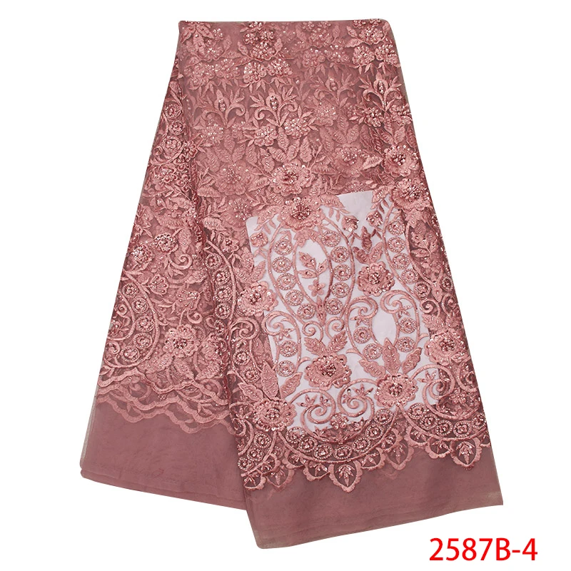 

Latest Nigerian Lace Fabric Embroidery Tulle Lace High Quality African French Laces Fabric with Beads Sequin KS2587B-4