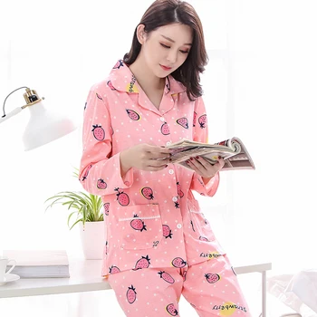 

Brand Two Piece Sets Long Sleeved Pajamas 100% Cotton Pink Sleepwear Women Pyjamas Elegant Pajama Sets Mujer 3XL Home Clothing