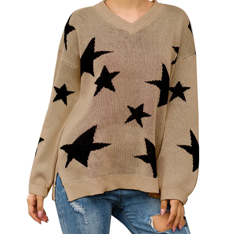 Свободные пуловеры с принтом звезд трикотажный свитер Повседневный женский зимний красный тонкий свитер осень v-образный вырез длинный