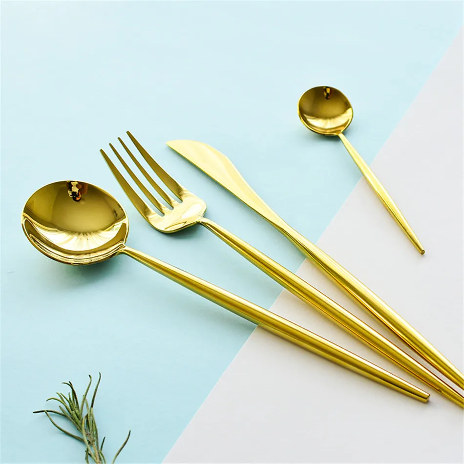 Shinny Mirror 304 Stainless Steel Dinnerware Sets Plating Gold Knife Fork Spoons European Western Food Tableware Cutlery Sets (3)