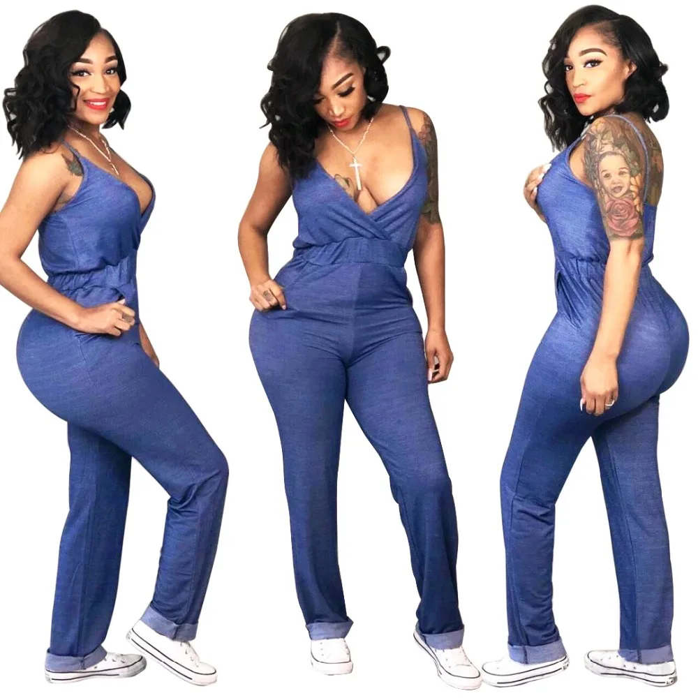 Sexy Bodycon Denim Jumpsuit V Neck Slim Bodycon Sleeveless Solid Blue