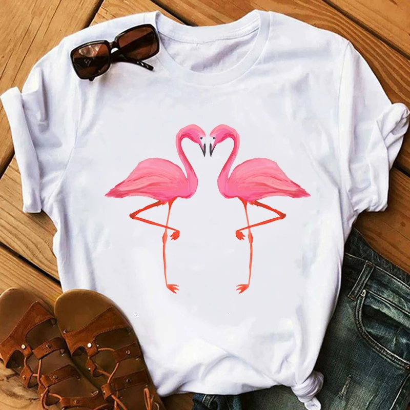 Футболка с фламинго, женские летние футболки для девочек, милые розовые вечерние футболки с фламинго, Женские повседневные топы с графическим принтом, футболки tumblr - Цвет: W525101920