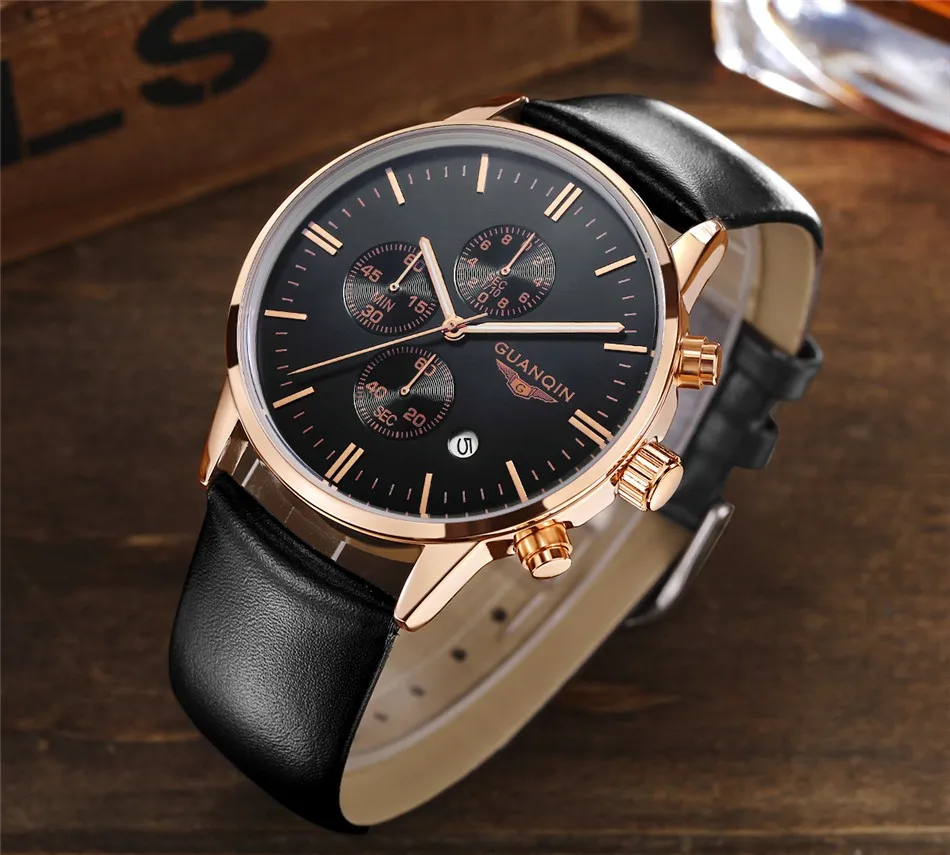 GUANQIN Quartz Watch Mens Watches Top Brand Luxury Chronograph Clock Men Sport Waterproof Leather Wristwatch relogio masculino