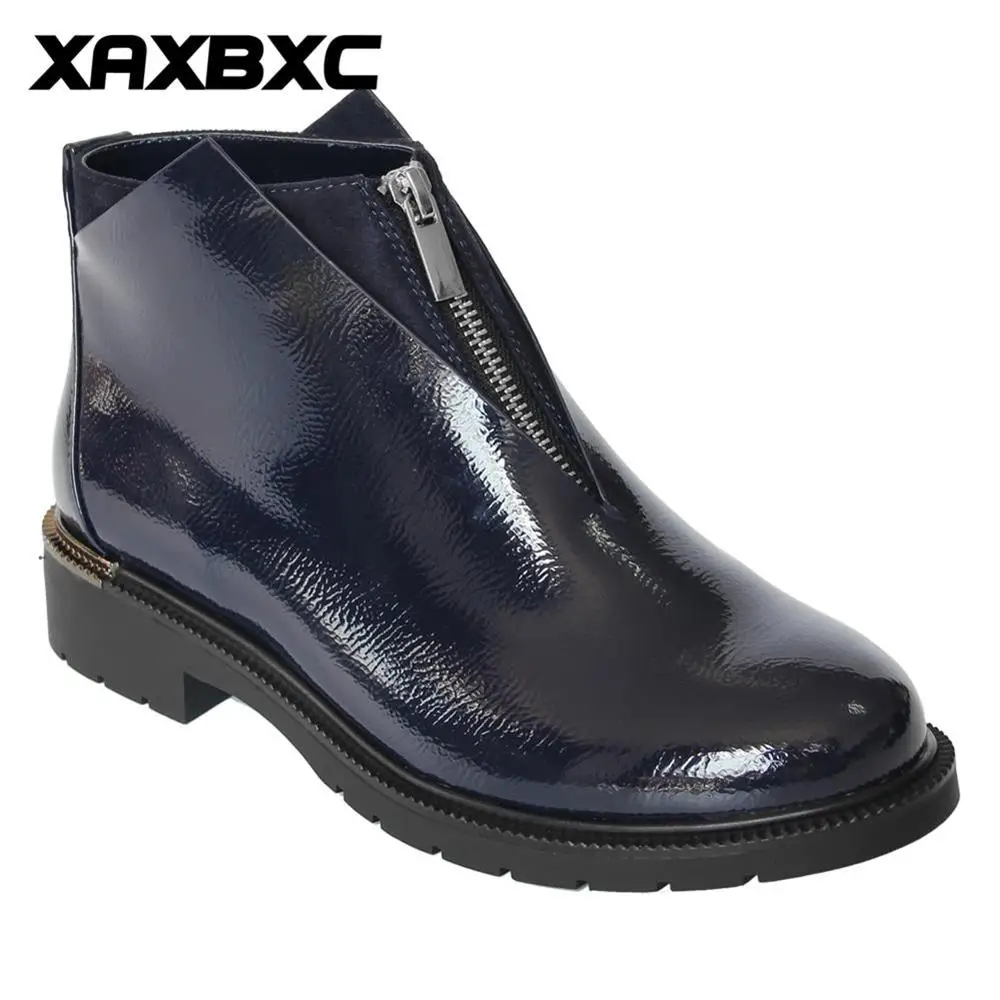 

XAXBXC 2018 Autumn Winter Retro Leather Brogues Oxfords Blue Women Short Boots Zipper Round Toe Mujer Casual Ladies Shoes