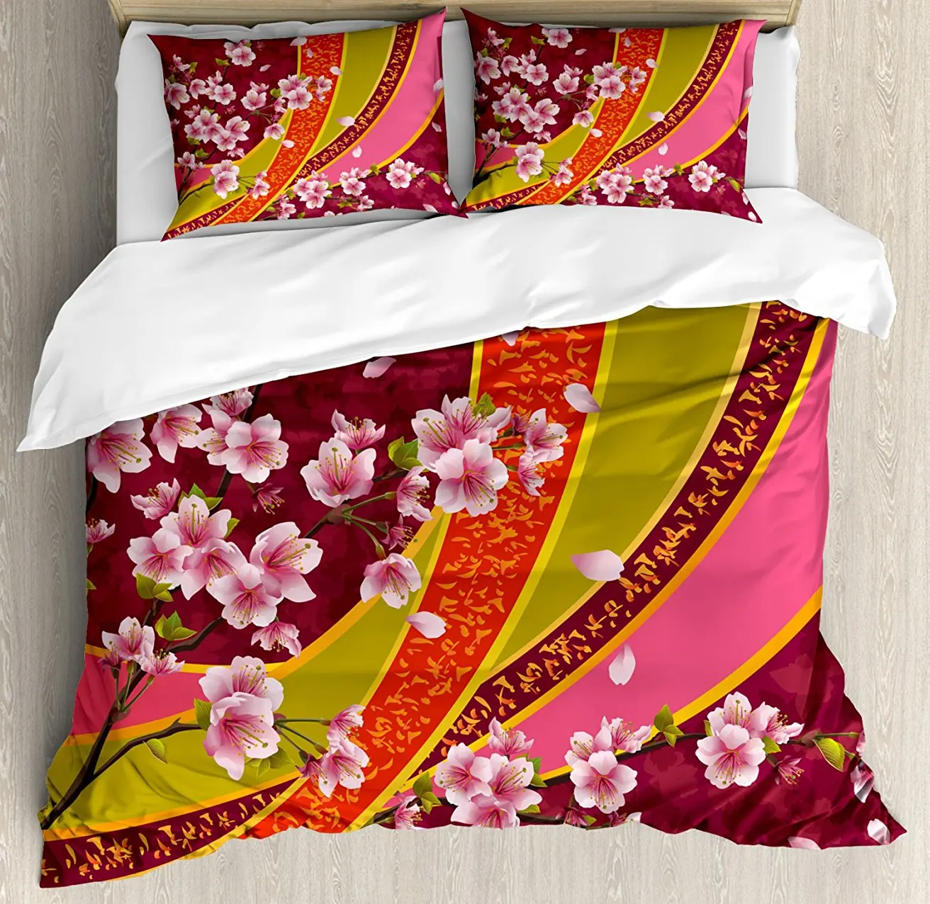 

Flower Duvet Cover Set, Oriental Backdrop Sakura Blossom Japanese Cherry Tree Print, 4 Piece Bedding Set