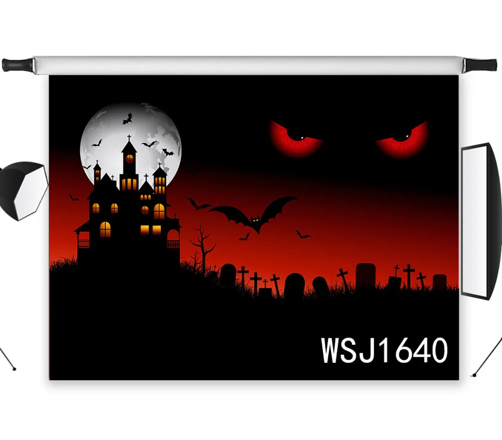 Polyester &amp Vinyl Halloween Scary Cemetery Red Eyes Castle Bats Studio Backdrop Photography Photo Props Photographic Background |