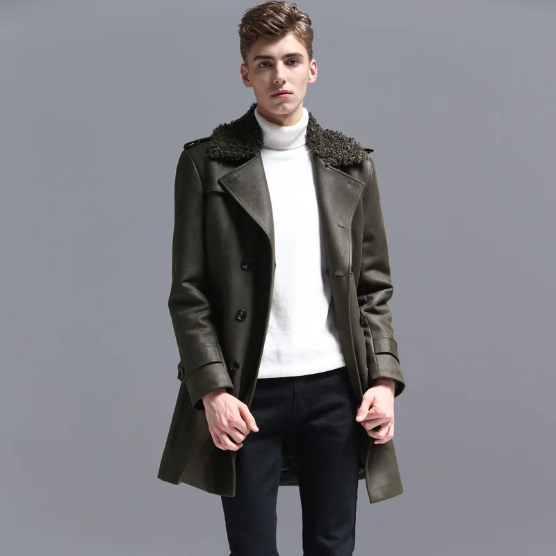 Suede Leather Trench Coat Men Windbreaker Warm Winter Cloak Mens Long Coat Plus Size 5xl 6xl Male Overcoat Korean Style Clothing