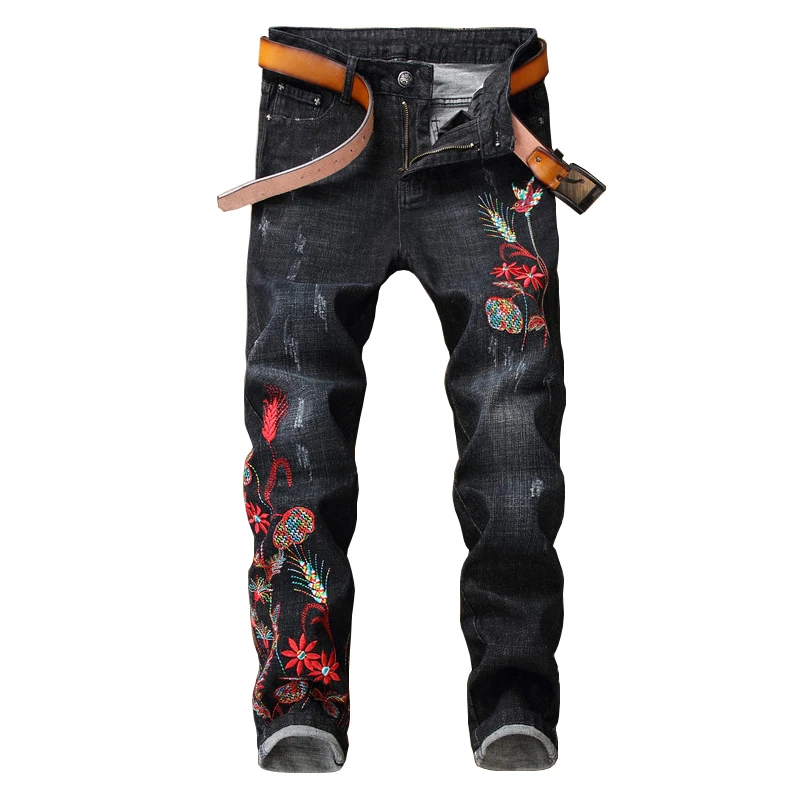 

ABOORUN Fashion Mens Black Skinny Jeans Flower Embroidery Ripped Straight fit Denim Pants Male Slim Denim Joggers YC1236