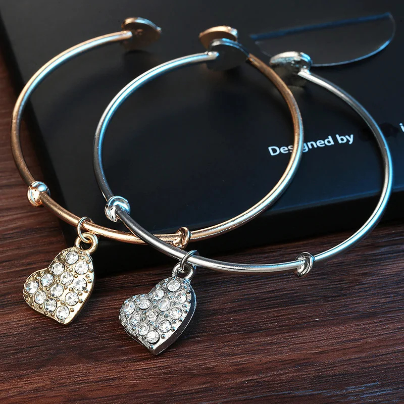 

L066 Hot New Fashion adjustable Crystal Double Heart Bow bilezik Cuff Opening Bracelet Women Jewelry Gift Girl mujer pulseras