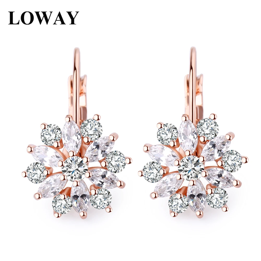 LOWAY Women Romantic Flower Design Cubic Zirconia Rose Gold Color Hoop Earrings Fashion Jewelry ED2883 LOWAY Women Romantic Flower Design Cubic Zirconia Rose Gold Color Hoop Earrings Fashion Jewelry ED2883