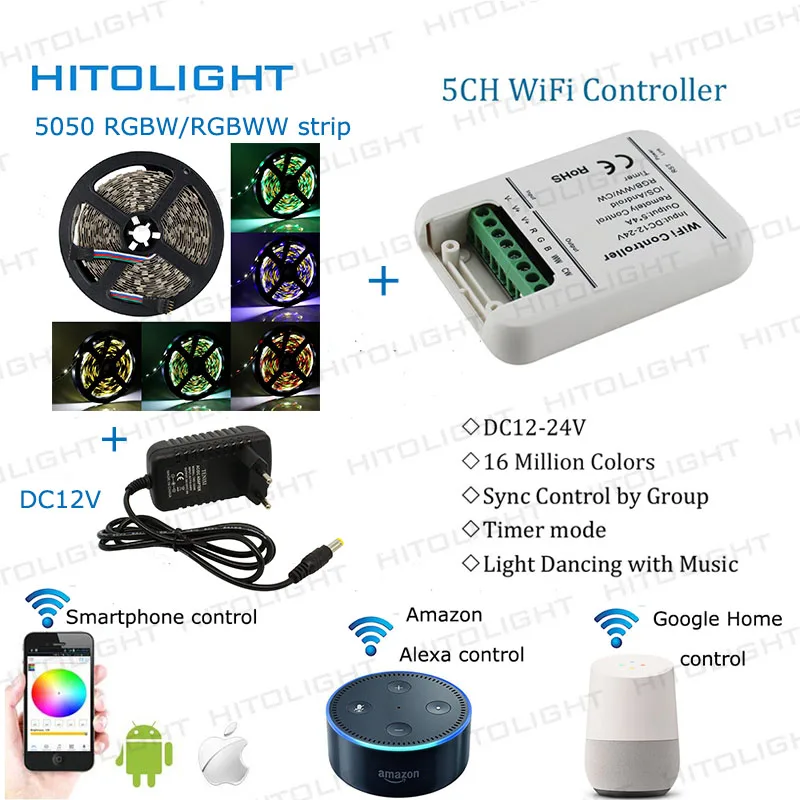 

Wifi 5050 RGBW/WW strip controller 5CH By Amazon Alexa Google Home Phone WIFI controller+5050 RGBW/RGBWW Strip+Power full set