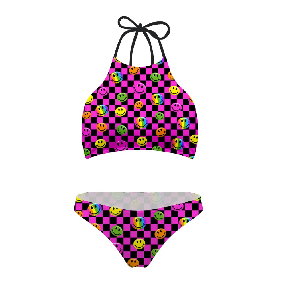 

FORUDESGINS Swimsuit Women Sexy Bikinis Set Smile Face Printing Swimwear Large Size Push Up Swim Suit Female Bathing Suits 2018