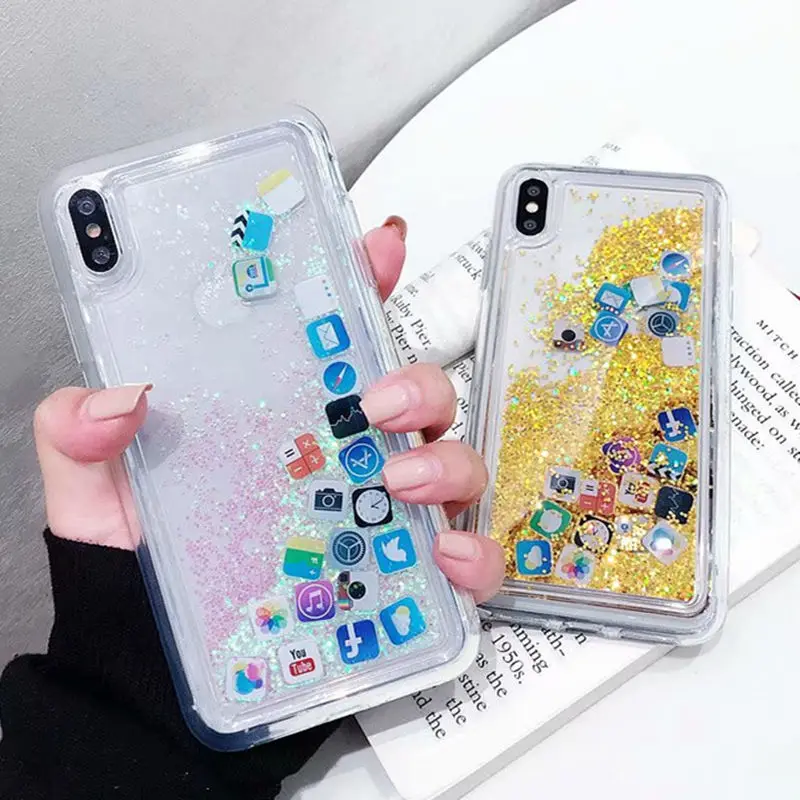 

Cute Apps Icon Liquid Glitter Quicksand Phone Case For iphone X XS Max XR 6 6s 7 8 Plus case Silicon Soft TPU Back Cover Fundas