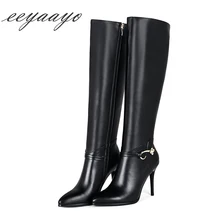 Сапоги до колена из натуральной кожи; сезон зима-весна; элегантные пикантные сапоги из коровьей кожи на тонком каблуке; ремни с острым носком и металлическим украшением