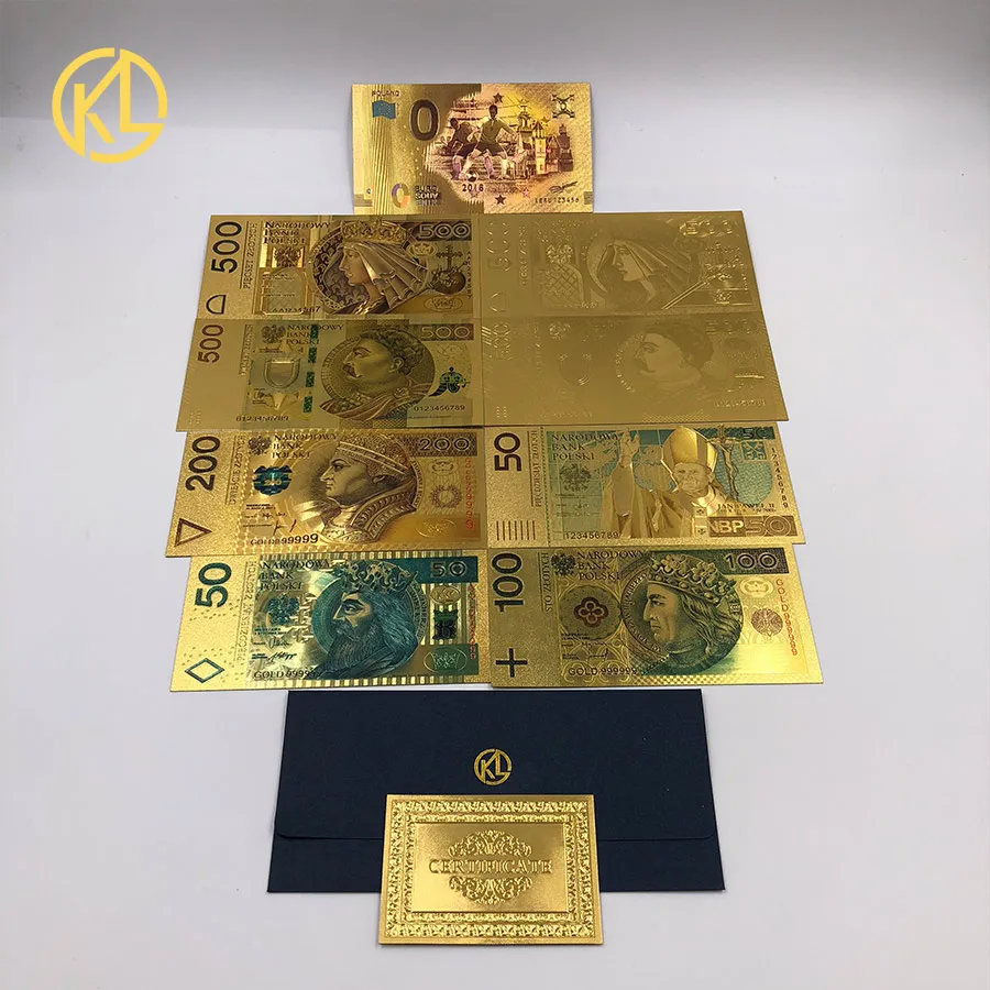 

KL 9pcs/lot Plastic Material Poland Gold Banknote set 50 100 200 500 PLN money for souvenir and collection
