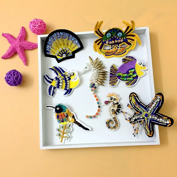 

3D Handmade Rhinestone beaded Patches SHELL STARFISH Sew on sequin Crystal patch for clothing beading Applique