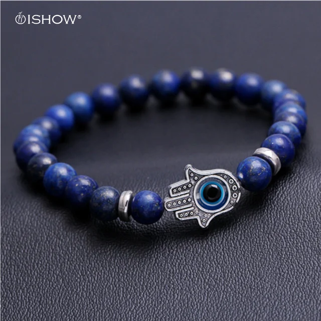 Pulseras Mujer Blue Fatima Hand Lapis Lazuli Bracelet Femme Charm Pulseras Mujer Blue Fatima Hand Lapis Lazuli Bracelet Femme Charm Beads Bracelets For Women Men Stone