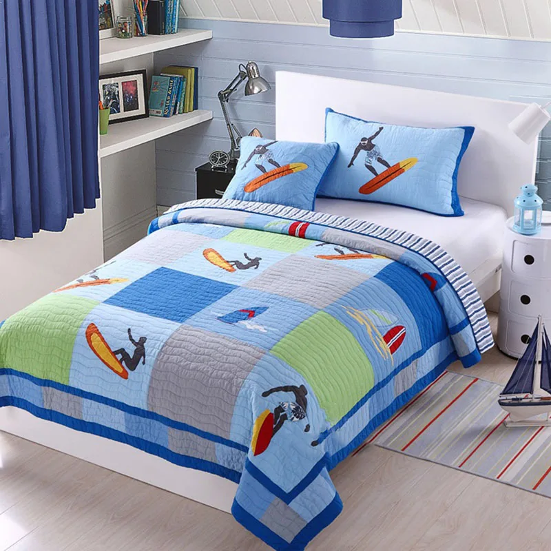 CHAUSUB Blue Bedspread Kids Quilt Set 2pc Boys Coverlet Soft Cotton