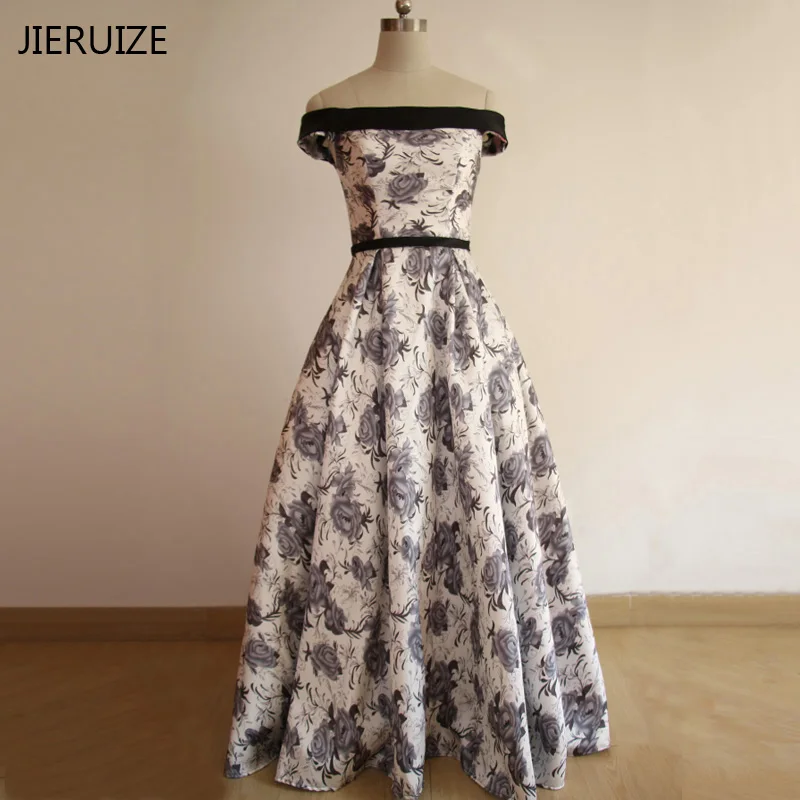 

JIERUIZE White Print Floral Cheap Evening Dresses Long 2018 Off The Shoulder Formal Dresses Evening Gowns